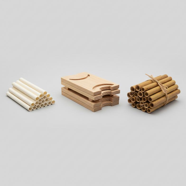 Different types of mason bee house materials side-by-side