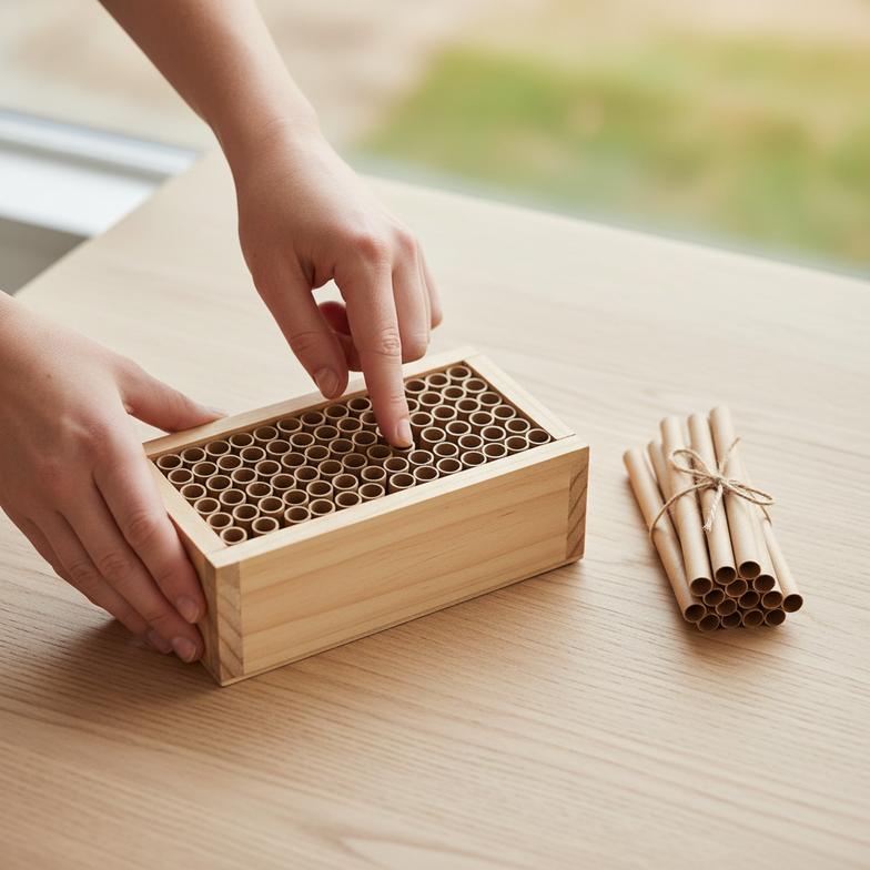 A person inspecting a mason bee house in a store