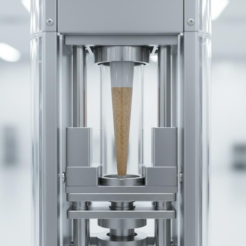 Automated pre-roll filling machine with a cone and filter tip visible