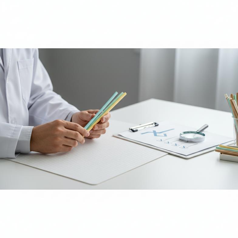 A person inspecting paper straw samples at a desk with a checklist