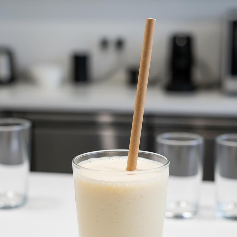 A close-up of a paper straw in a thick milkshake