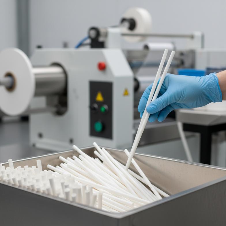 A factory worker taking paper straw samples from a production line