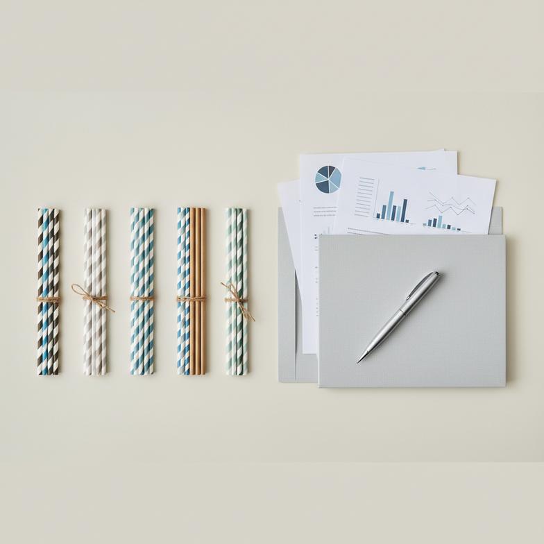 A folder of compliance documents next to paper straw samples