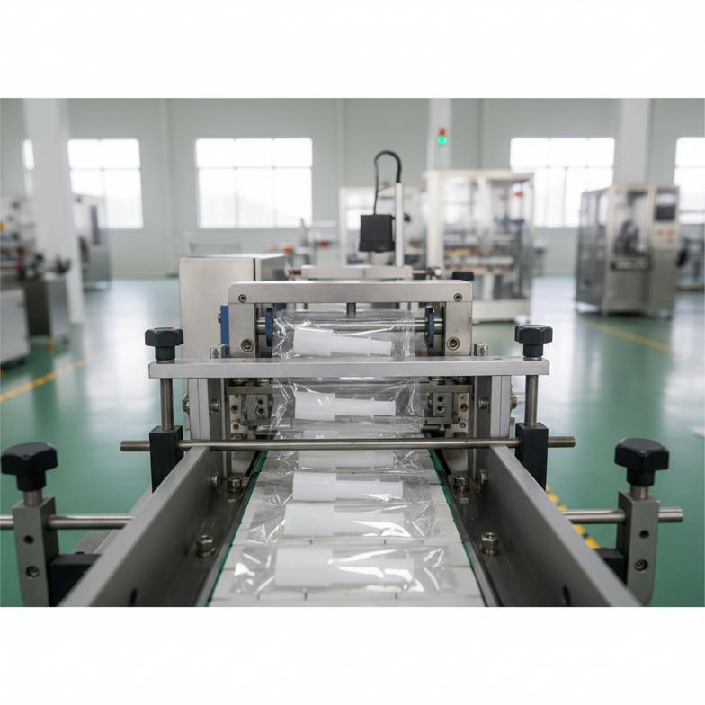 A machine individually wrapping disposable mouthpieces for alcohol testers in a clean factory environment