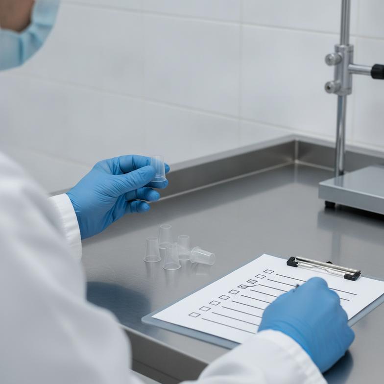 A quality control inspector examining disposable mouthpieces for alcohol testers with a checklist