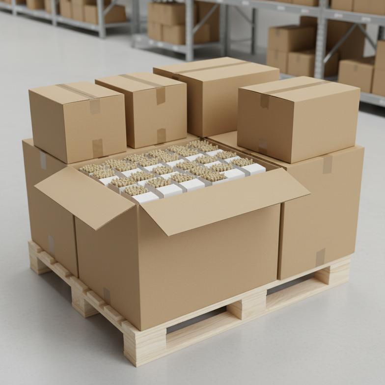 Boxes of custom-branded hemp filter tips ready for international shipping