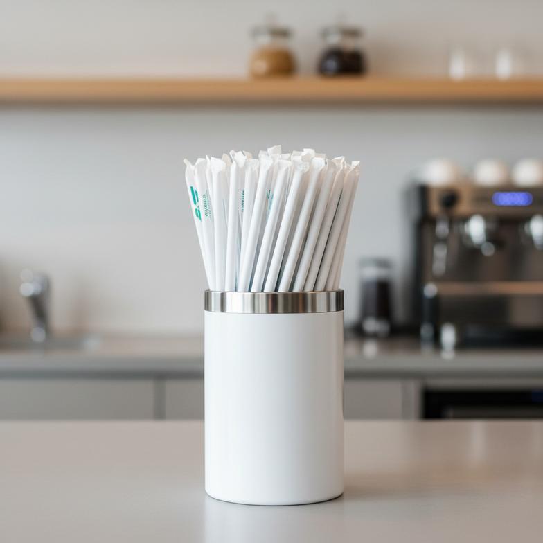 alt with keywords: individually wrapped paper straws in a dispenser
