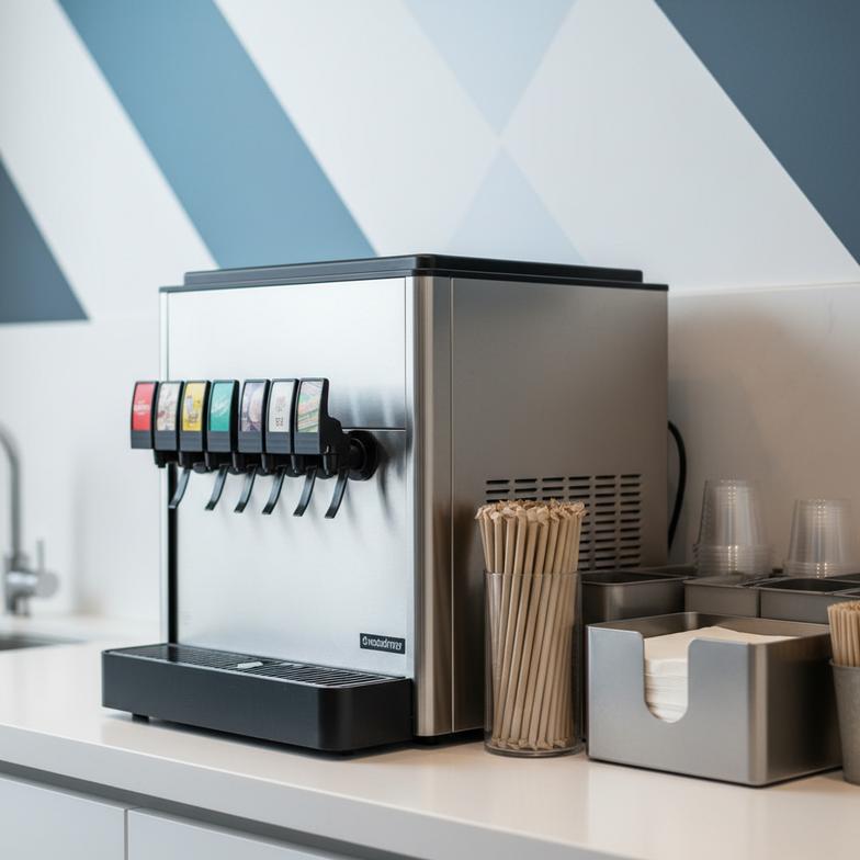 alt with keywords: a self-service drink station with wrapped straws