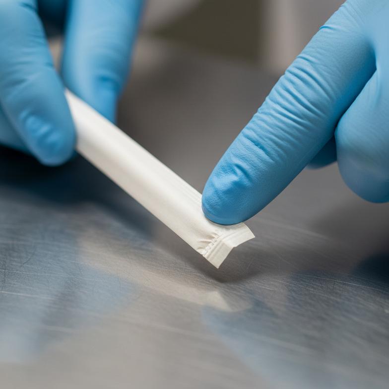 alt with keywords: a person inspecting an individually wrapped paper straw