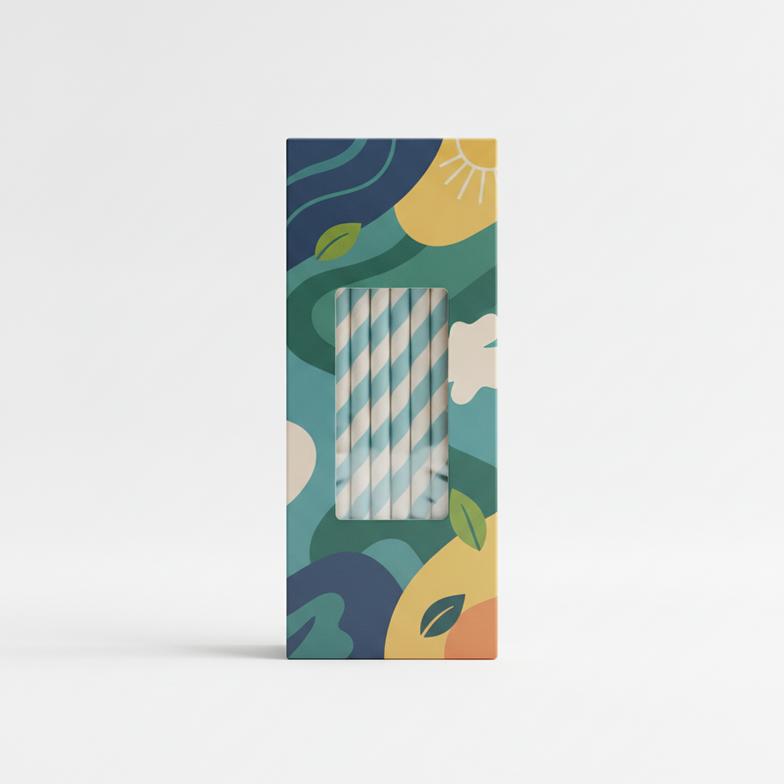 A professionally designed retail paper box for paper straws, showing a brand logo and vibrant graphics.
