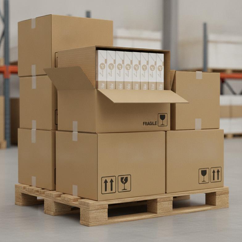 Sturdy brown corrugated shipping cartons stacked on a pallet, clearly marked for shipping and filled with smaller units of paper straw packaging.