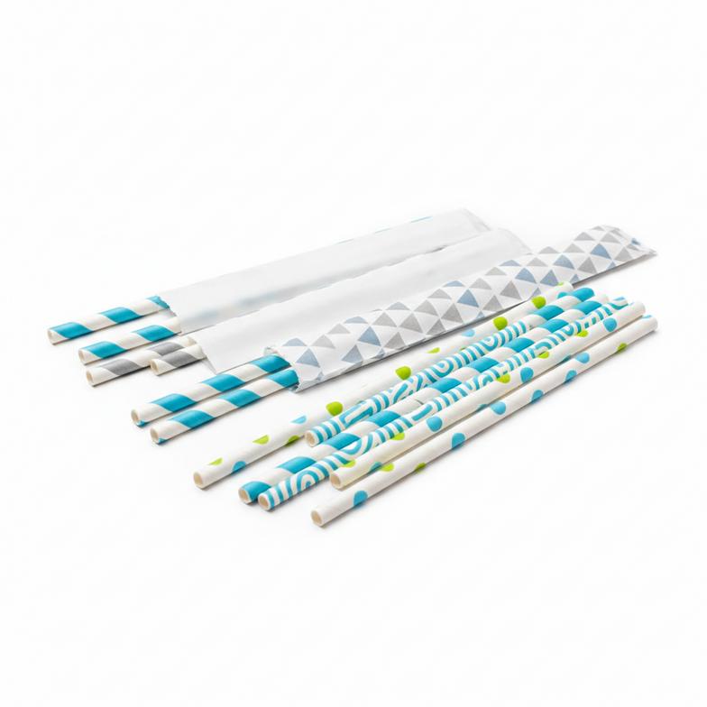 a collection of custom-branded paper straws with logos and unique wrappers