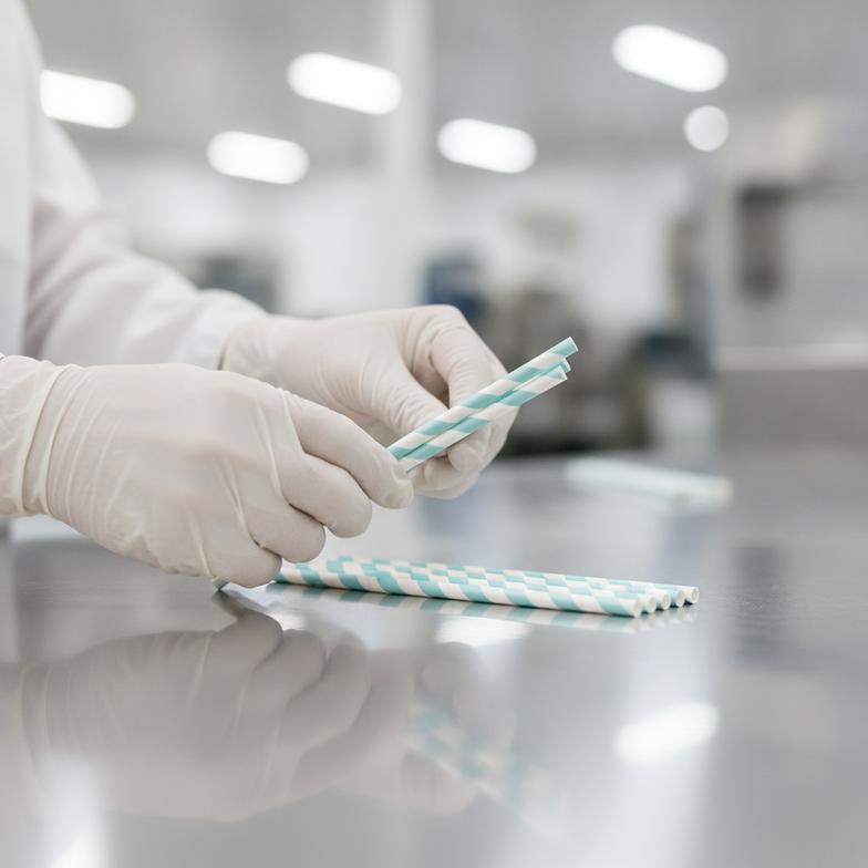 a factory manager inspecting paper straws for quality control