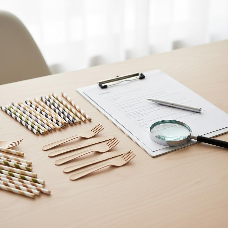 a buyer reviewing supply chain documents for paper straws and cutlery