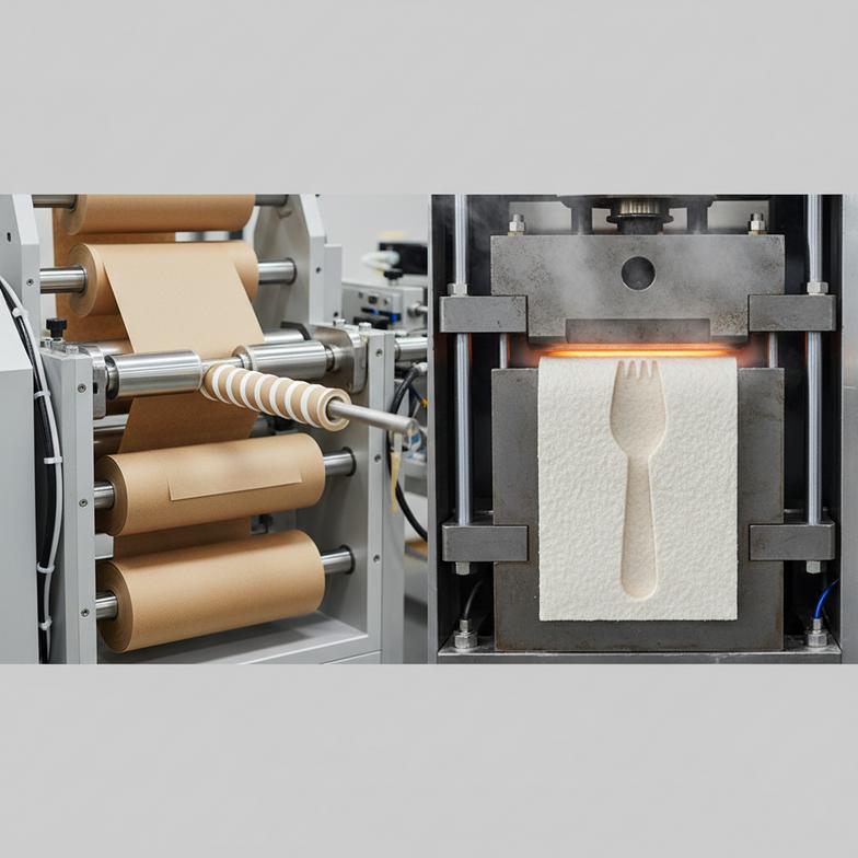 a factory floor with paper straw machines next to paper cutlery molds