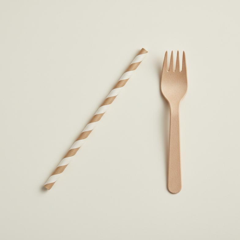 close-up of a durable paper straw and a sturdy paper fork