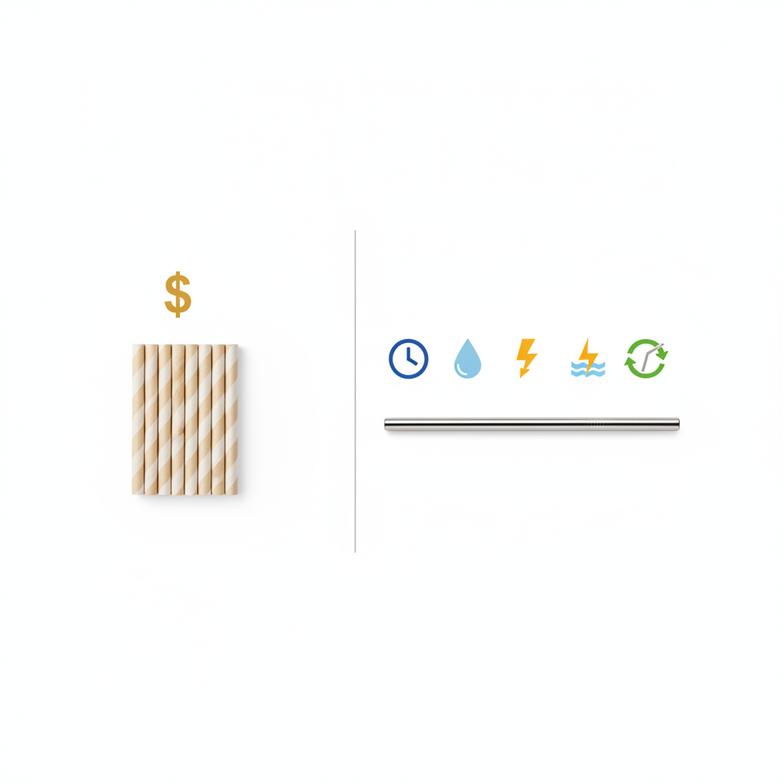 A cafe owner at a desk with a calculator, analyzing the total cost of ownership for paper straws vs metal straws.