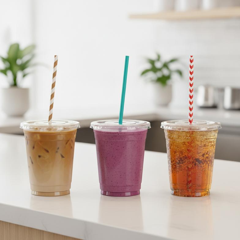 A group of happy customers in a busy modern cafe, drinking iced coffees with high-quality paper straws.