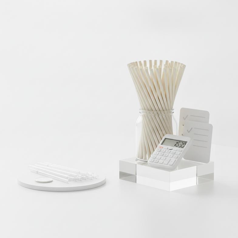 A calculator and stacks of paper straws and plastic straws to illustrate the total cost of ownership