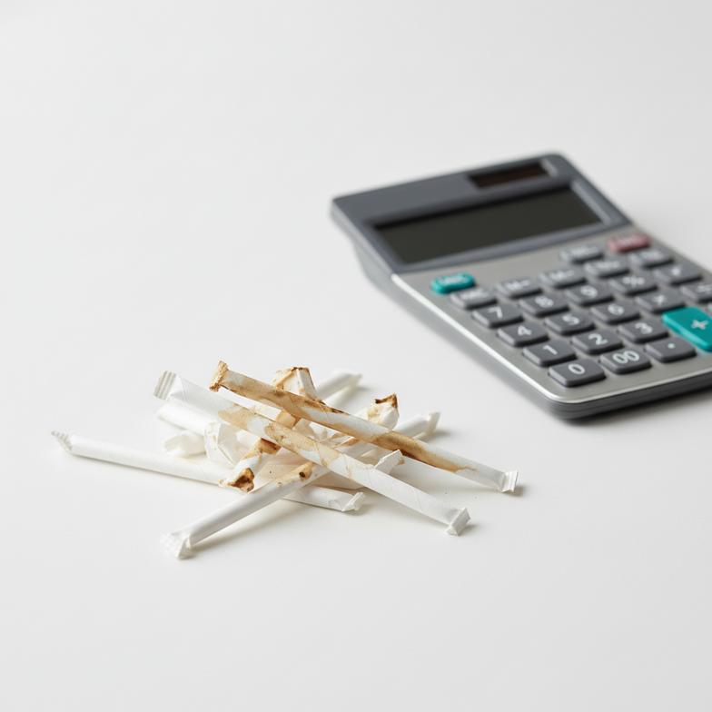 A calculator next to a pile of soggy stirrers, symbolizing hidden costs