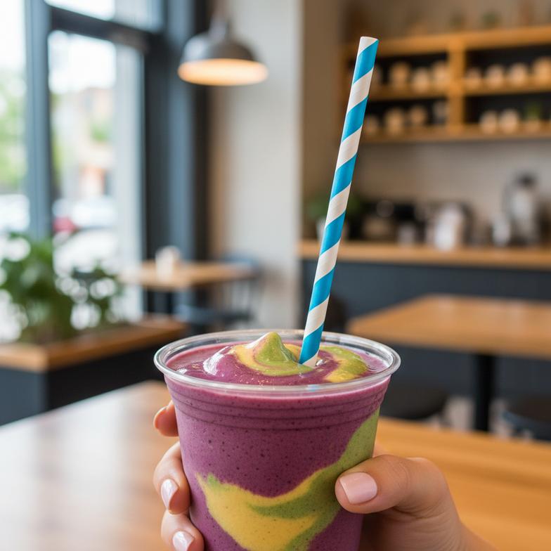 A customer happily sipping a smoothie with a proper wide-diameter paper straw