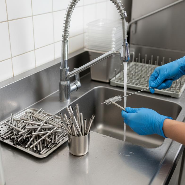 Metal straws being washed in a commercial kitchen