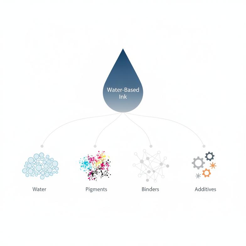 Diagram showing the different components of water-based ink, including water, pigments, binders, and additives.