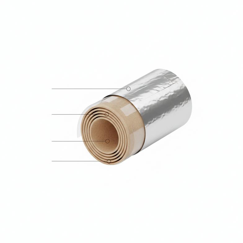 An exploded view graphic showing layers of a firework tube: paper, adhesive, and foil.