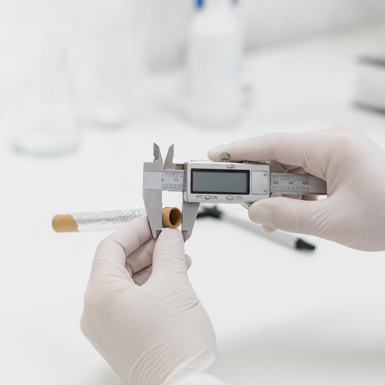 A quality control inspector measuring a firework paper tube with digital calipers in a factory setting.