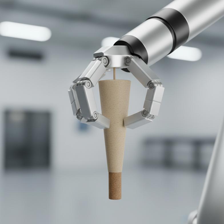 An automated pre-roll machine filling cones with filter tips