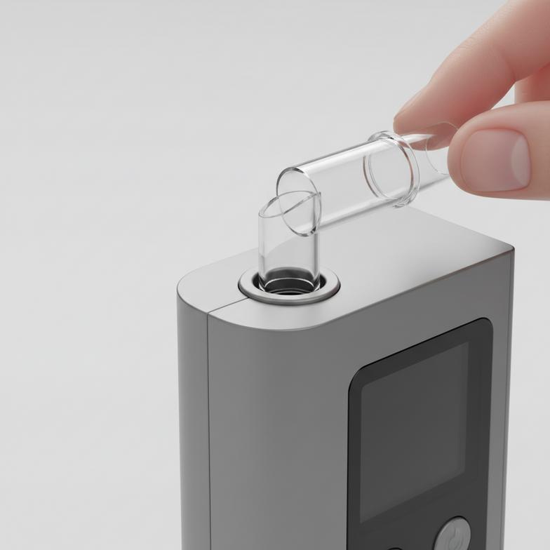 A close-up of a disposable breathalyzer mouthpiece being attached to a device