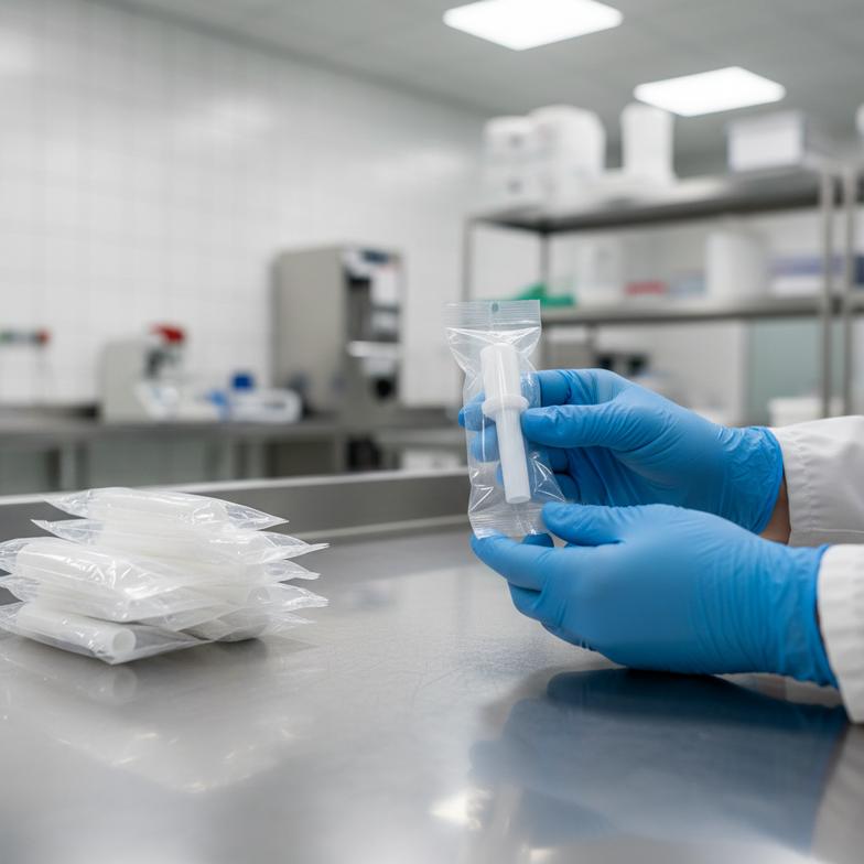 A factory worker inspecting a batch of individually wrapped mouthpieces