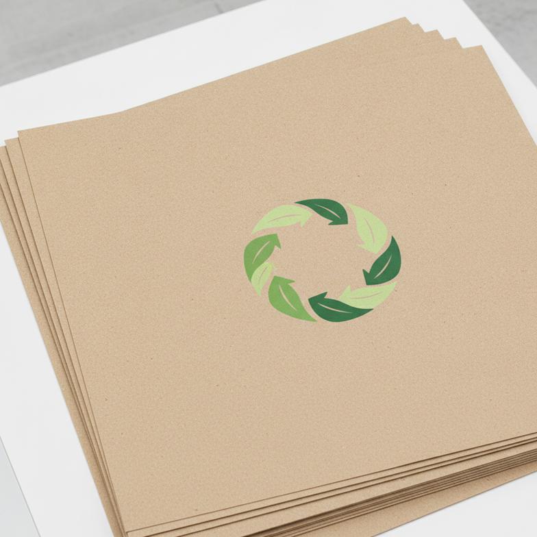 FSC certification logo printed on a stack of raw kraft paper for making eco-friendly paper cutlery.