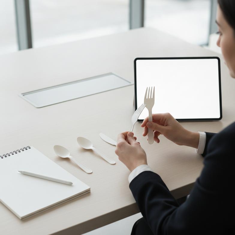 A procurement manager carefully inspecting a sample of paper cutlery from a potential supplier.