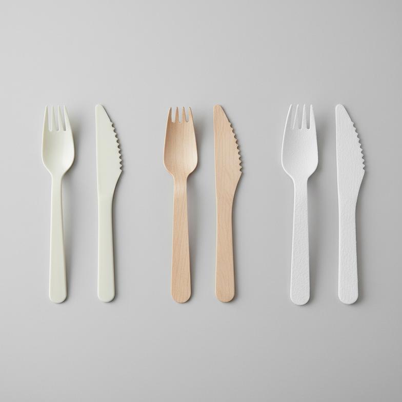A procurement manager comparing different alternatives to plastic cutlery like wood, CPLA, and paper