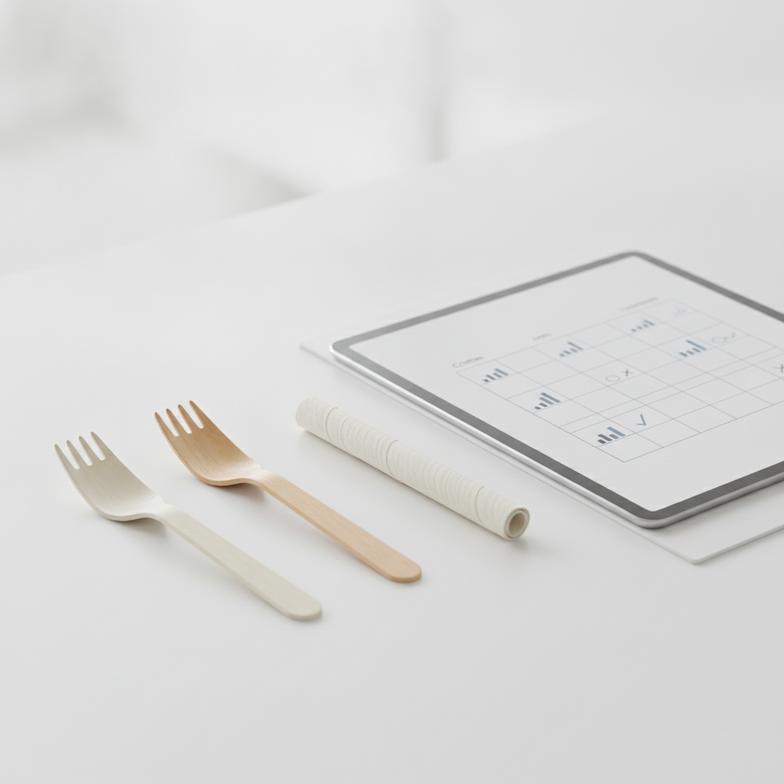 A decision matrix showing evaluation criteria for selecting an alternative to plastic cutlery