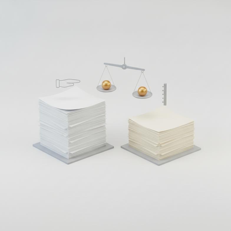 An illustration comparing two paper sheets of different density but the same weight