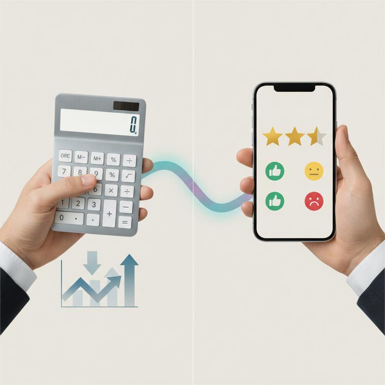 A split image showing a calculator on one side and a product review on a phone on the other