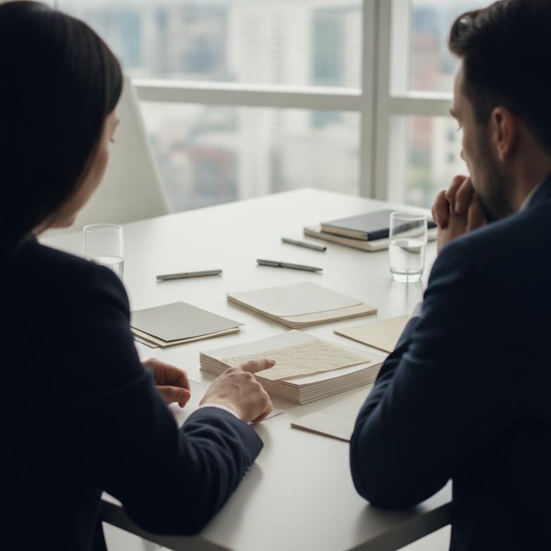 A person in a meeting pointing at a product sample on a table, discussing it with a supplier