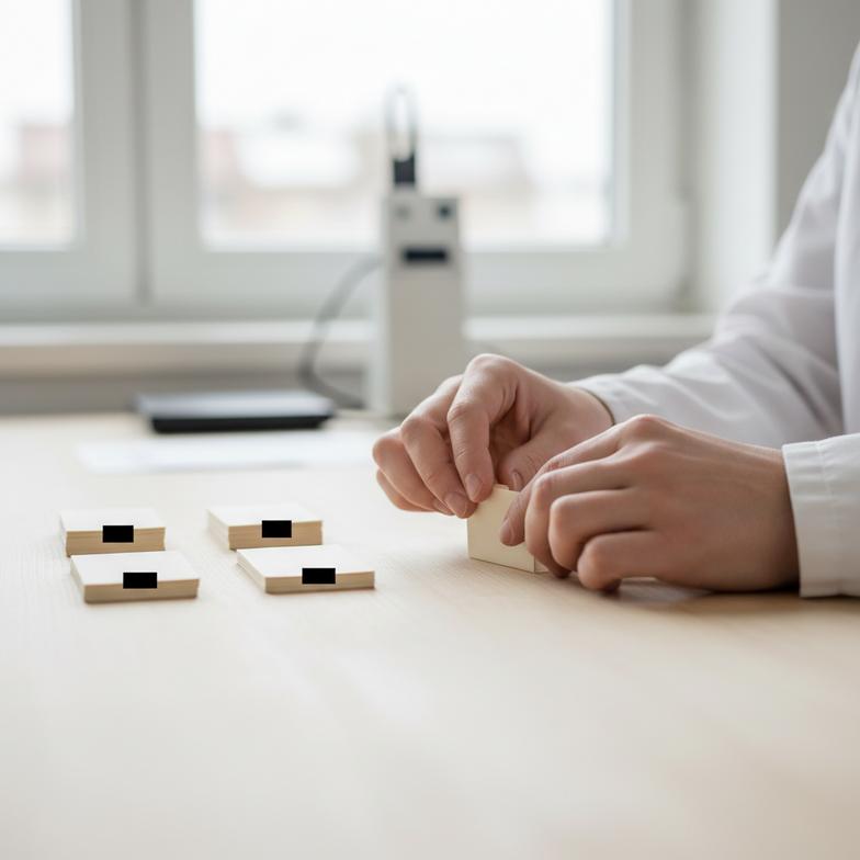 A person carefully examining and rolling different paper filter tip samples at a desk