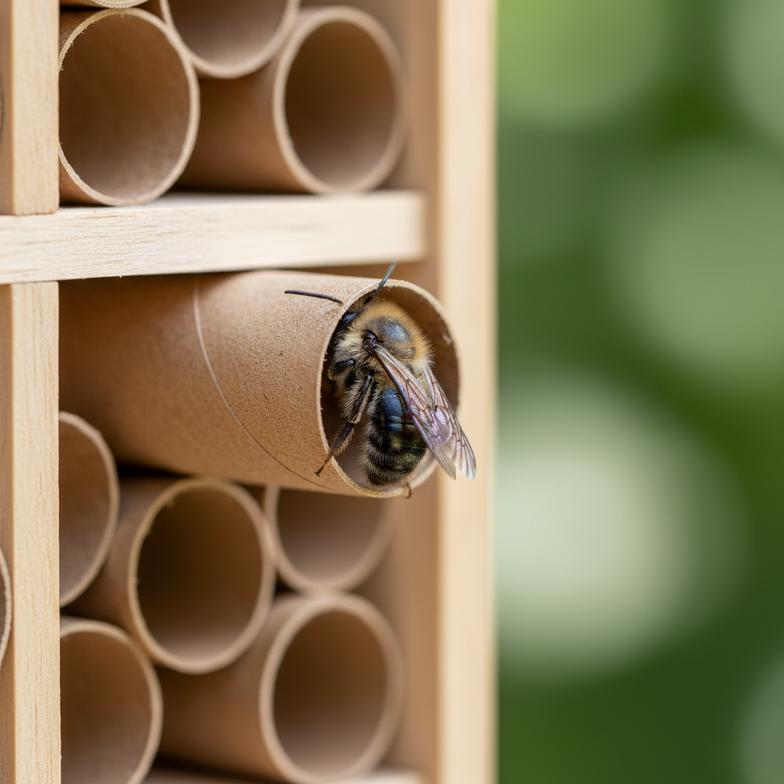 A close-up of a mason bee entering a paper tube.