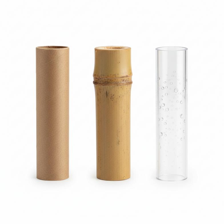 A comparison of paper, bamboo, and plastic bee tubes.