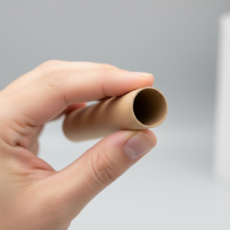 A hand holding a sturdy paper mason bee tube, showing its thickness.