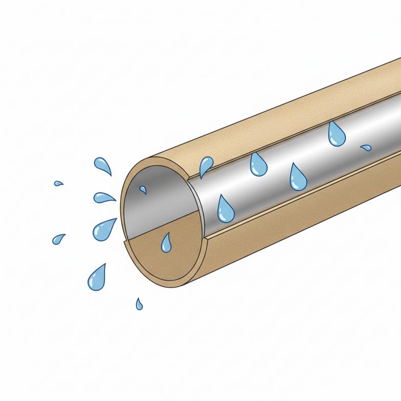 Diagram showing how an aluminum foil layer on a firework paper tube blocks moisture molecules from entering