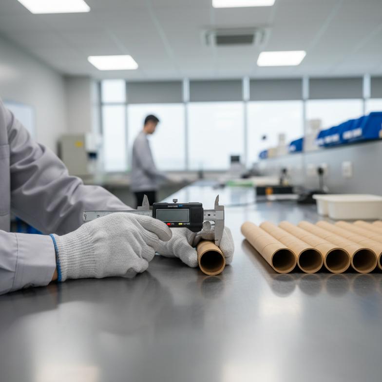 A procurement manager in a factory, closely inspecting the quality of newly manufactured firework paper tubes