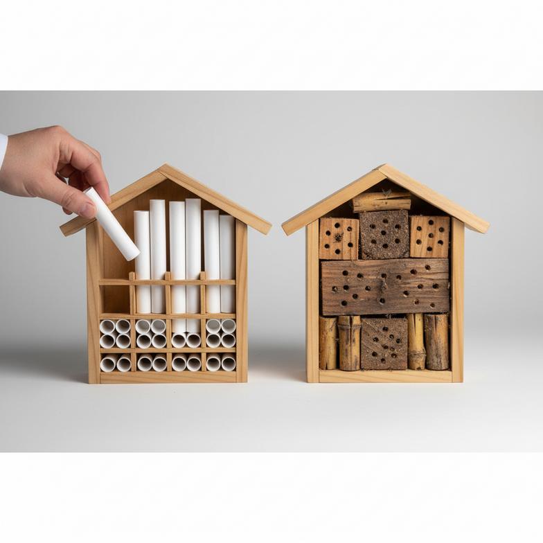 a bee hotel with removable paper tubes next to one with fixed bamboo holes