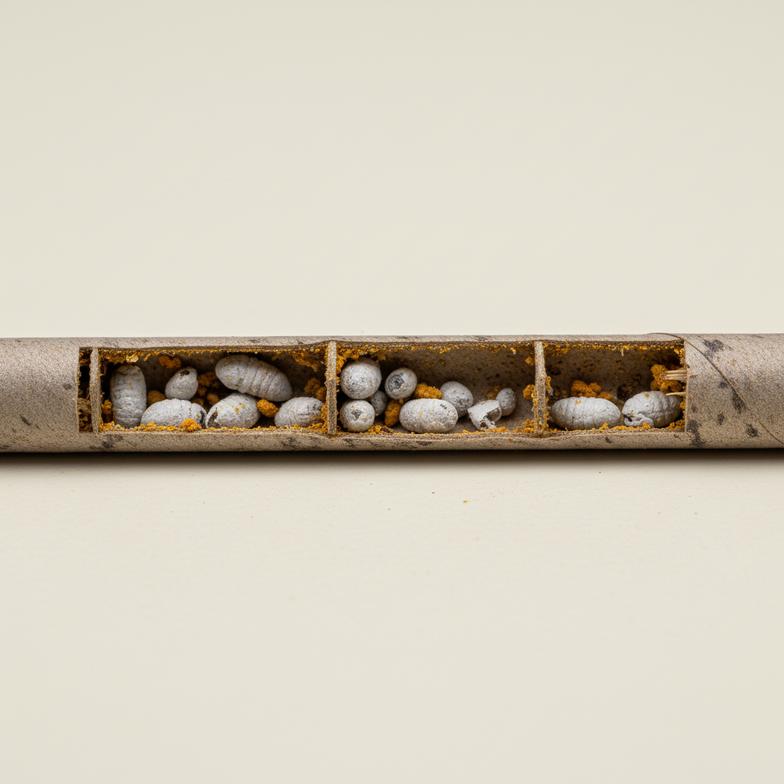 close-up of chalkbrood mummies inside a bee tube