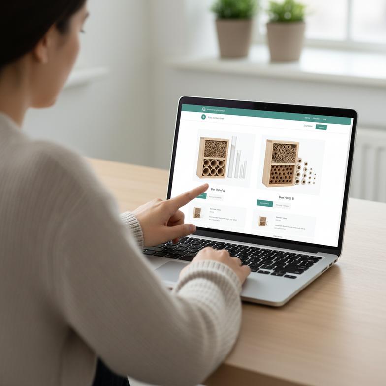 person on a laptop looking at different bee hotel options online