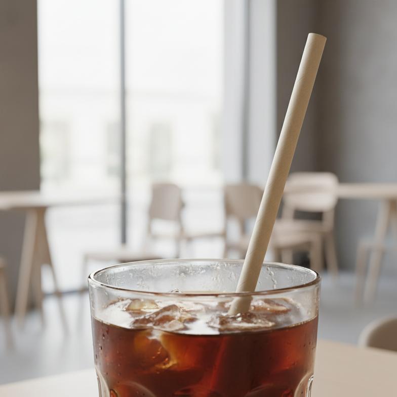 Close-up of a high-quality, durable paper straw in a drink