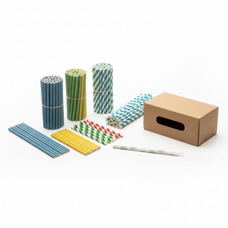 Examples of custom branded paper straws and packaging